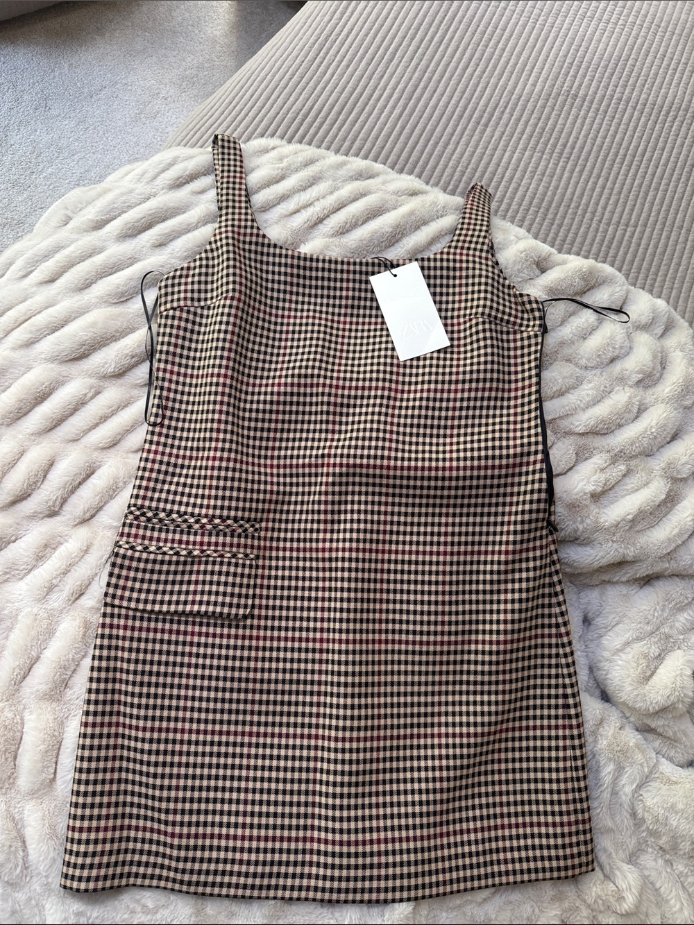 ZARA Checked Square-Neck Mini Dress in Brown/Black Red NWT